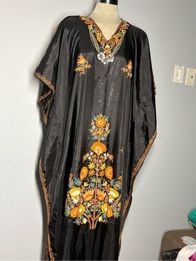 Black Embroidered Maxi Dress with Orange Floral Motif One Size